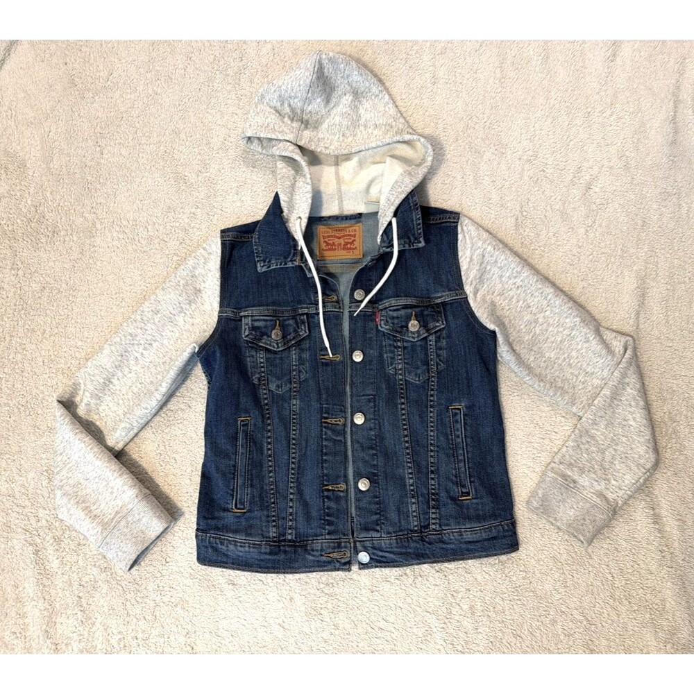 Levi’s Trucker Jacket Womens Hybrid Size S Crop Hooded Denim Drawstring Y2K